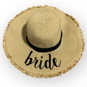 C.C Bride Straw Hat Natural Paper Wide Brim Fringes Honeymoon Bachelorette Party